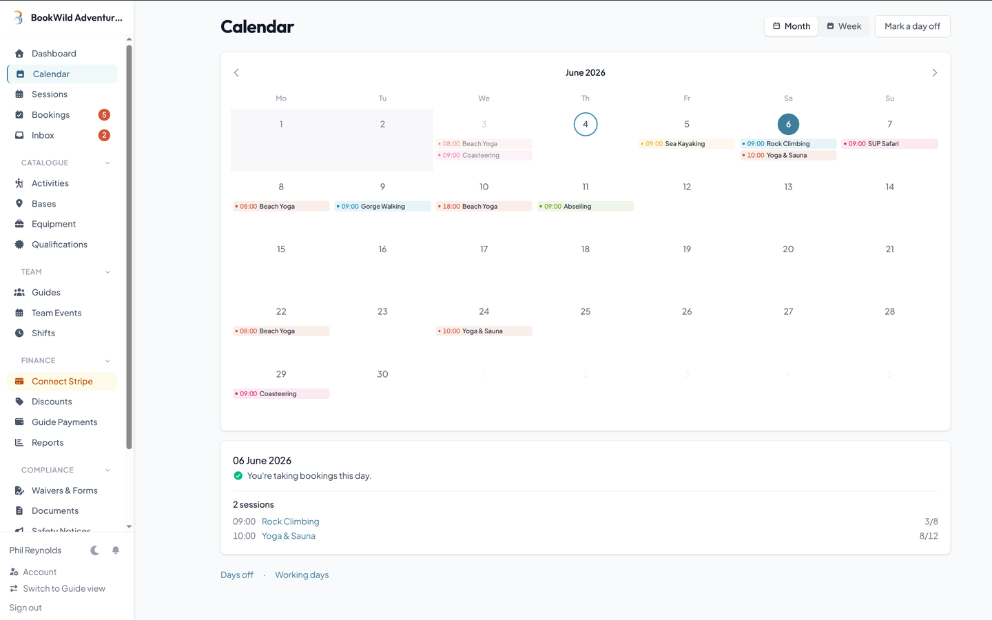 Operator calendar — month view with sessions, off-days, and working days