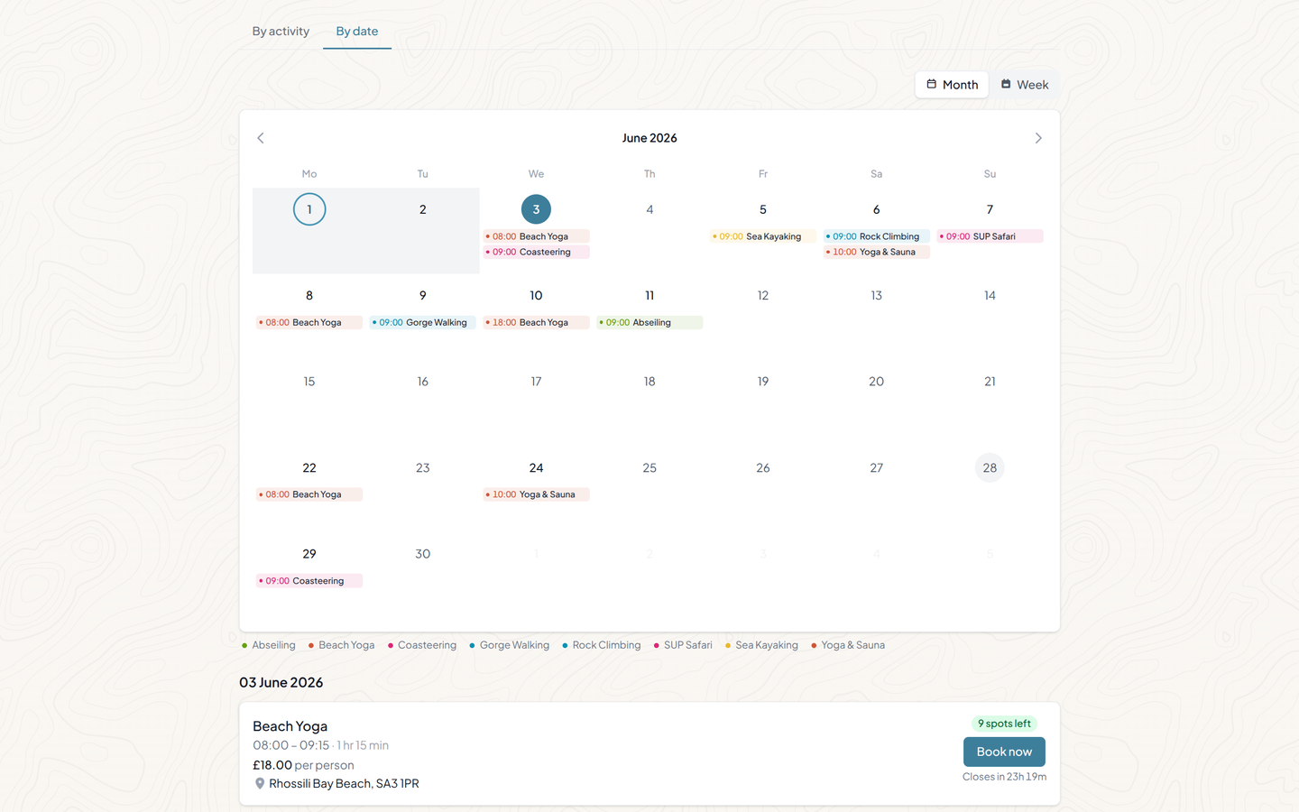 Public availability calendar with region-coloured days, off-days, and bookable dates