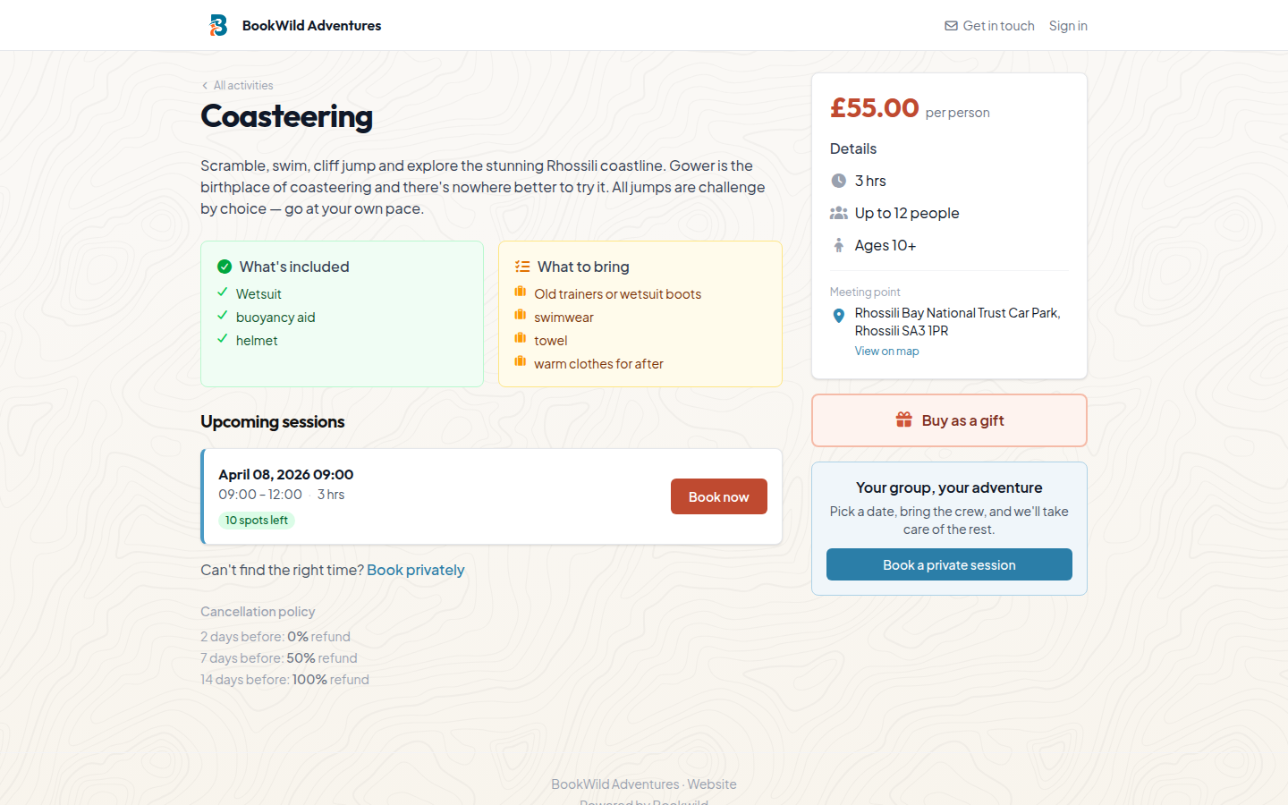 Customer booking page showing activity details, pricing, and session availability