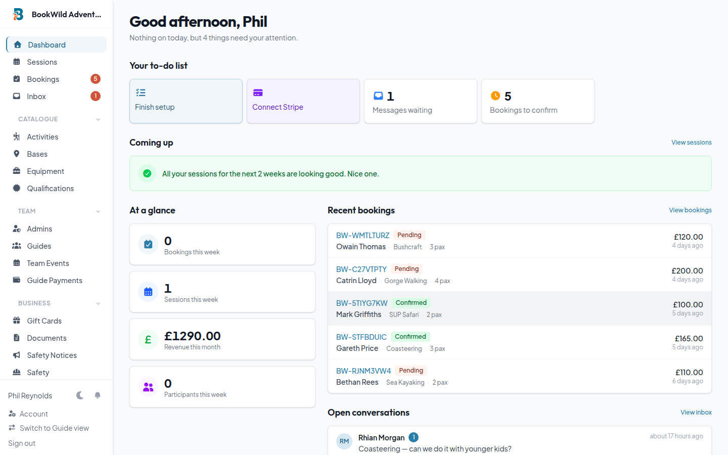 BookWild dashboard showing today's tasks, recent bookings, and revenue
