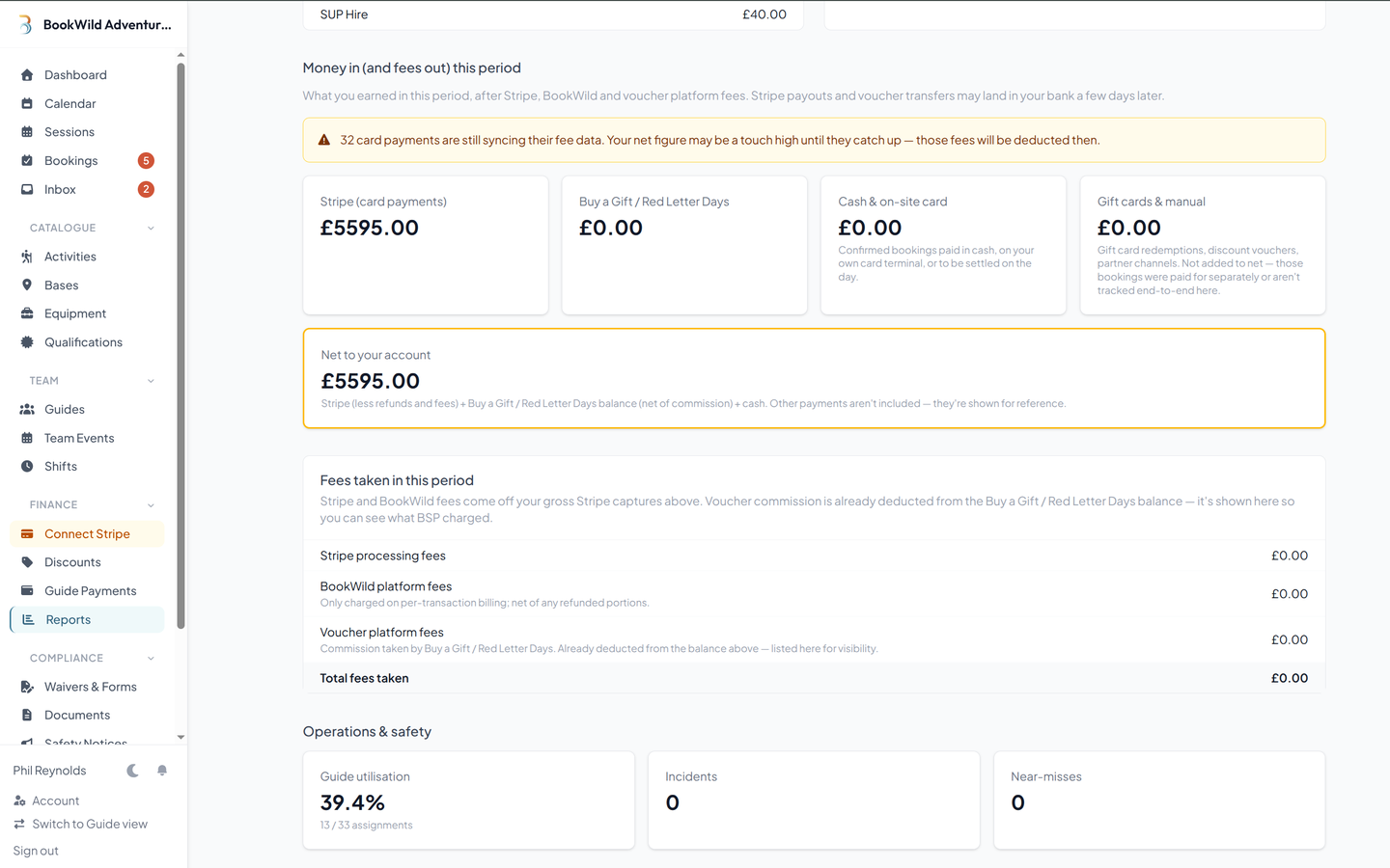 Reports — money in and fees out, with net to your account after Stripe, voucher, and BookWild fees
